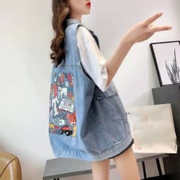 New Denim Vest For Women Jeans Veste Female Casual Sleeveless Jacket Korean Loose Mid-length Printed Female Waistcoat S-4XL