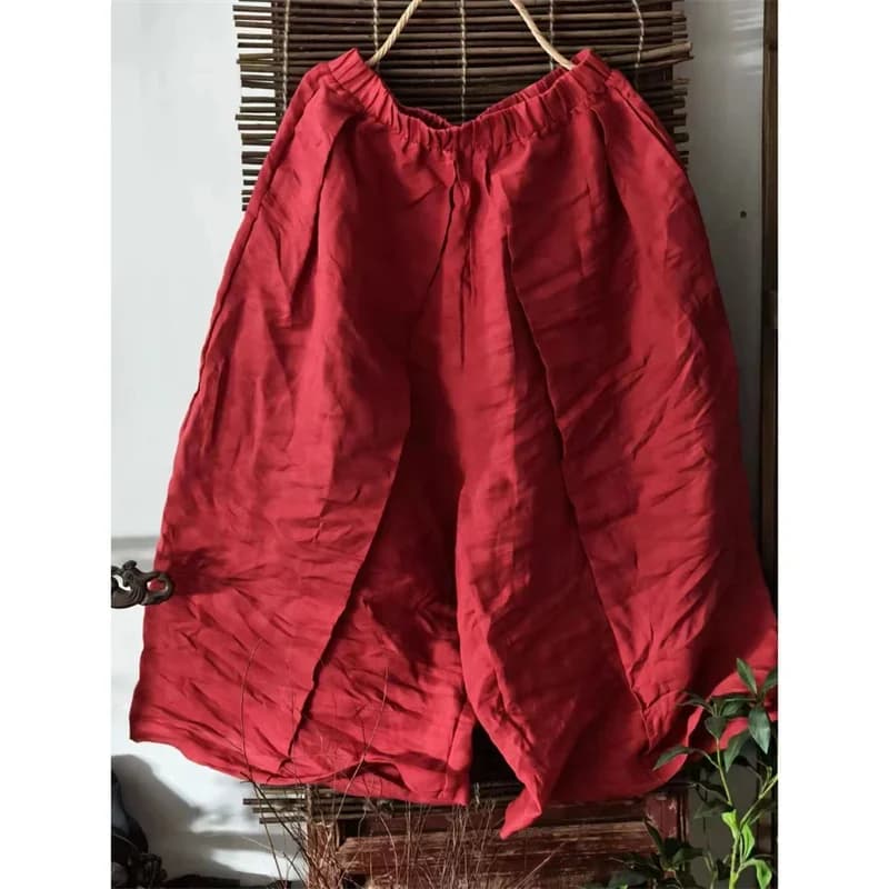 2025 New Spring Elastic Waist Ankle Length Wide Legs Pants Women Fashion Loose Cotton Ramie Trousers Casual Womens Clothing