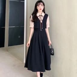 Retro Women Mid Length Version Short Sleeved Dress Summer Female Academic Style Dresses Ladies Korean Fake Two Pieces Vestidos