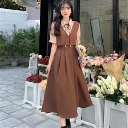 Retro Women Mid Length Version Short Sleeved Dress Summer Female Academic Style Dresses Ladies Korean Fake Two Pieces Vestidos