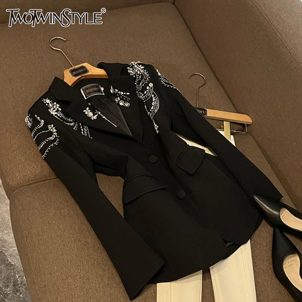 TWOTWINSTYLE Slimming Solid Spliced Diamond Jacket For Women Laple Long Sleeve Temperament Spring Jackets Female New KJA527627