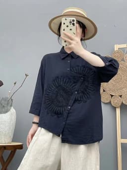 New 2025 Summer Cotton Yarn 3/4 Sleeve Shirt, Women Turn-down Collar Embroidery, Mori Girl Versatile Chic Loose Blouse T55345CC