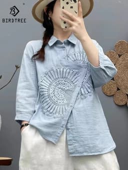 New 2025 Summer Cotton Yarn 3/4 Sleeve Shirt, Women Turn-down Collar Embroidery, Mori Girl Versatile Chic Loose Blouse T55345CC