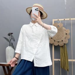 New 2025 Summer Cotton Yarn 3/4 Sleeve Shirt, Women Turn-down Collar Embroidery, Mori Girl Versatile Chic Loose Blouse T55345CC
