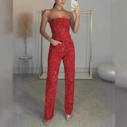 Elegant Straight Glitter Two Piece Ladies Sexy Sleeveless Bodycon Tops&Long Pants Suit Summer 2025 Sequins Club Party Outfit