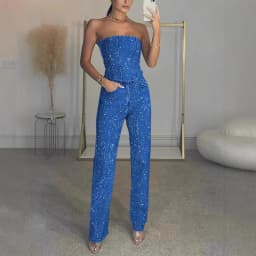 Elegant Straight Glitter Two Piece Ladies Sexy Sleeveless Bodycon Tops&Long Pants Suit Summer 2025 Sequins Club Party Outfit