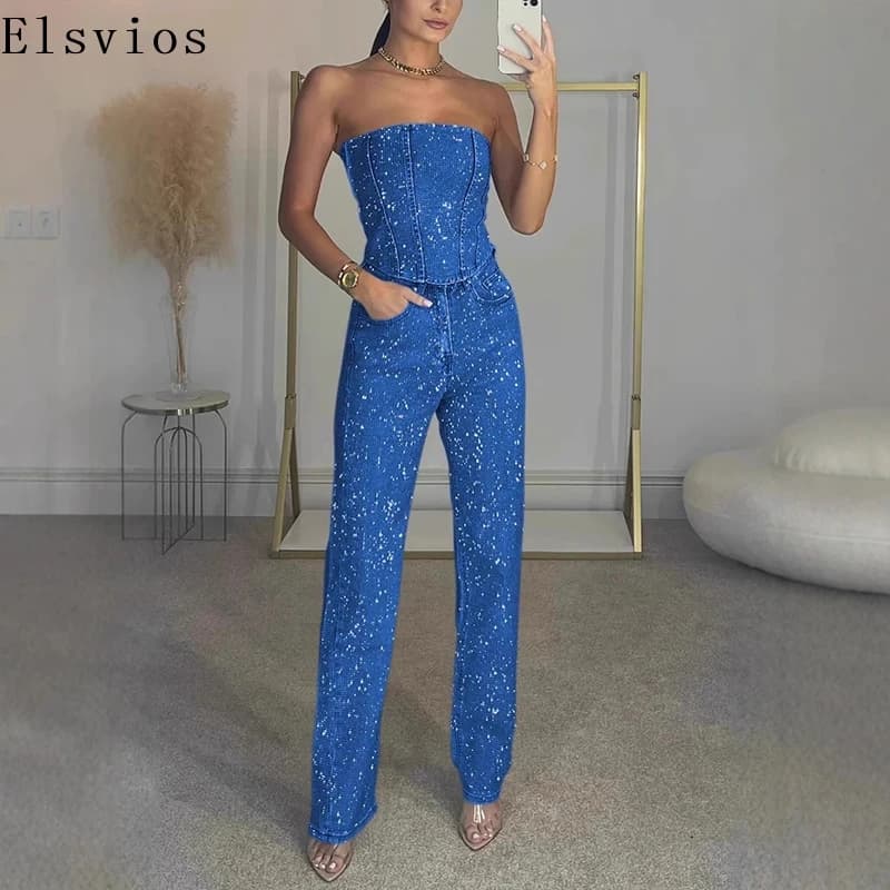 Elegant Straight Glitter Two Piece Ladies Sexy Sleeveless Bodycon Tops&Long Pants Suit Summer 2025 Sequins Club Party Outfit