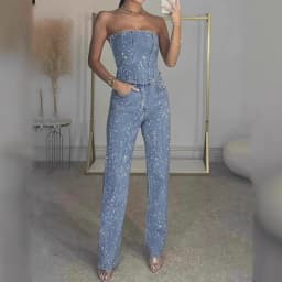 Elegant Straight Glitter Two Piece Ladies Sexy Sleeveless Bodycon Tops&Long Pants Suit Summer 2025 Sequins Club Party Outfit