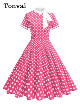 Tonval 1950s Vintage Party Birthday Dress Summer Clothing for Women Bow Neck Polka Dot Print Midi Swing Dresses