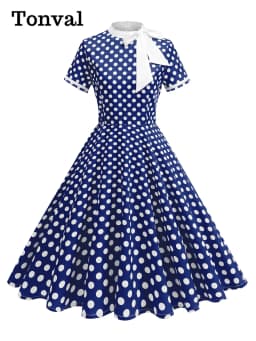 Tonval 1950s Vintage Party Birthday Dress Summer Clothing for Women Bow Neck Polka Dot Print Midi Swing Dresses