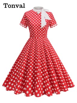 Tonval 1950s Vintage Party Birthday Dress Summer Clothing for Women Bow Neck Polka Dot Print Midi Swing Dresses