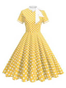 Tonval 1950s Vintage Party Birthday Dress Summer Clothing for Women Bow Neck Polka Dot Print Midi Swing Dresses