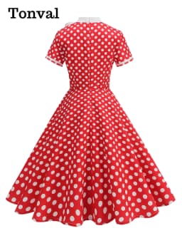 Tonval 1950s Vintage Party Birthday Dress Summer Clothing for Women Bow Neck Polka Dot Print Midi Swing Dresses