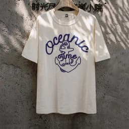 Maden Unisex Summer Vintage Embroidered Short Sleeves T-Shirt Beige Slub Cotton Crew Neck Tee Heavyweight Loose Breathable Tops