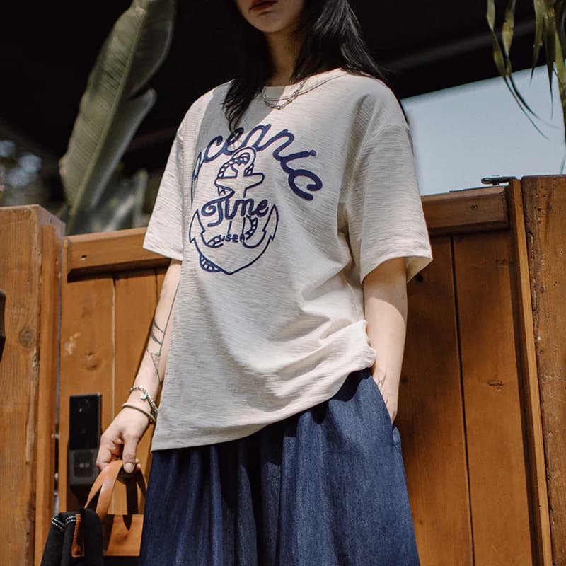 Maden Unisex Summer Vintage Embroidered Short Sleeves T-Shirt Beige Slub Cotton Crew Neck Tee Heavyweight Loose Breathable Tops