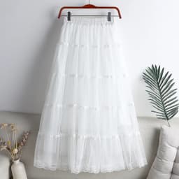 Lace Patchwork Pleated Midi Long Skirt Women 2026 Spring Summer Elegant High Waist Casual Skirts