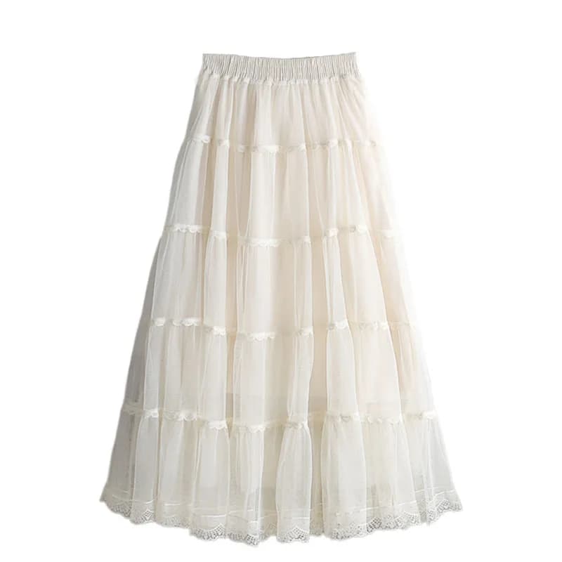 Lace Patchwork Pleated Midi Long Skirt Women 2026 Spring Summer Elegant High Waist Casual Skirts