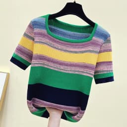 Summer Thin Oversized Striped Tshirt Sweater Women Short Sleeve Square Collar Tops Fashion Loose Stylish Ladies Knitwear Jumpers
