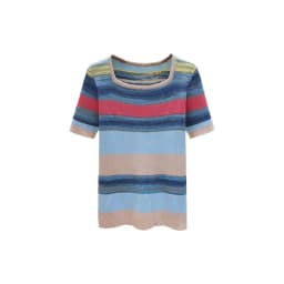 Summer Thin Oversized Striped Tshirt Sweater Women Short Sleeve Square Collar Tops Fashion Loose Stylish Ladies Knitwear Jumpers