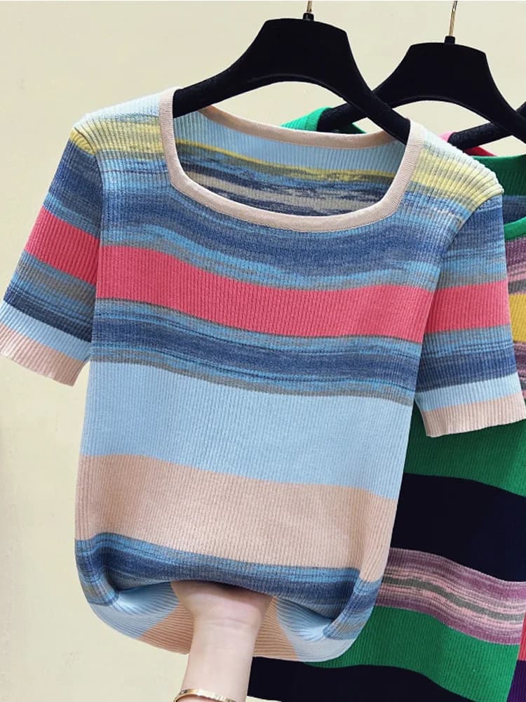 Summer Thin Oversized Striped Tshirt Sweater Women Short Sleeve Square Collar Tops Fashion Loose Stylish Ladies Knitwear Jumpers