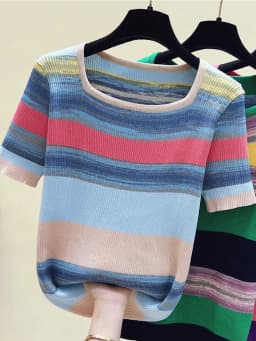 Summer Thin Oversized Striped Tshirt Sweater Women Short Sleeve Square Collar Tops Fashion Loose Stylish Ladies Knitwear Jumpers