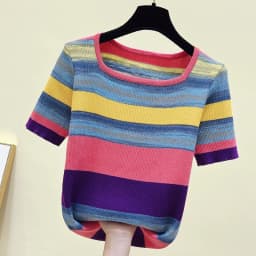 Summer Thin Oversized Striped Tshirt Sweater Women Short Sleeve Square Collar Tops Fashion Loose Stylish Ladies Knitwear Jumpers