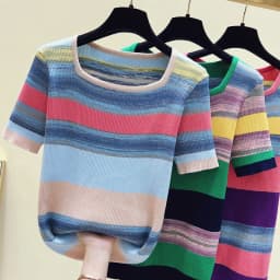 Summer Thin Oversized Striped Tshirt Sweater Women Short Sleeve Square Collar Tops Fashion Loose Stylish Ladies Knitwear Jumpers