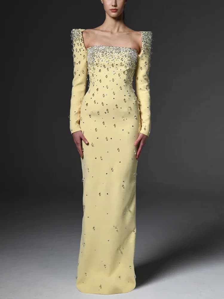 HIGH QUALITY Newest Fashion 2026 Designer Vestido Women's Square Collar Beading Diamonds Long Sleeve Maxi Dress