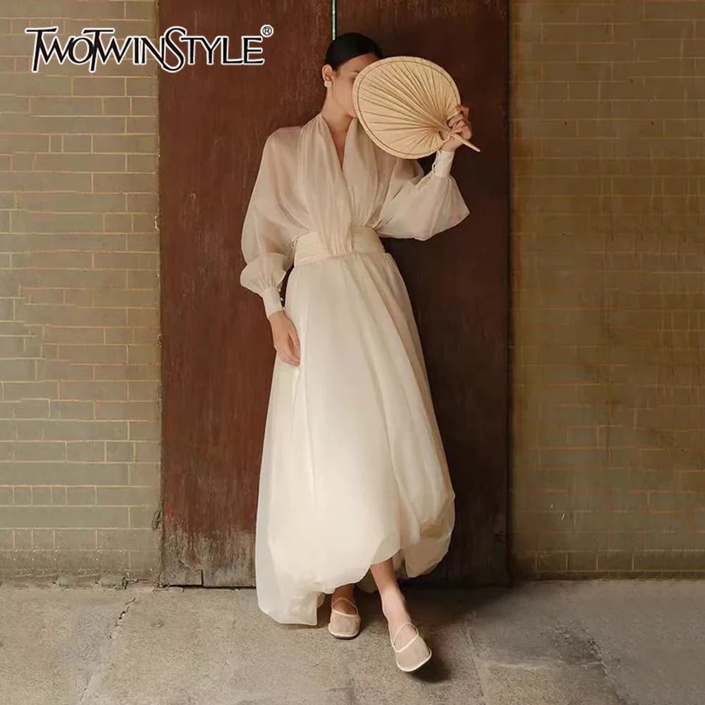 TWOTWINSTYLE Solid Spliced Folds Temperament Dresses for Women V Neck Long Sleeves High Waist Minimalist Dress Female Clothing