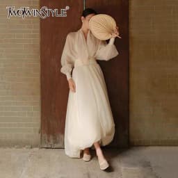 TWOTWINSTYLE Solid Spliced Folds Temperament Dresses for Women V Neck Long Sleeves High Waist Minimalist Dress Female Clothing