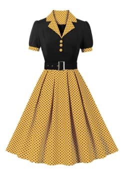 Hot Selling Commuting Art Retro Polka Dot Short Sleeved Lapel Dress with Belt in Europe and America