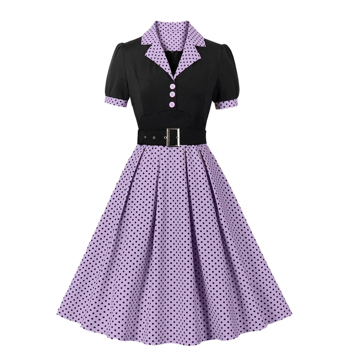 Hot Selling Commuting Art Retro Polka Dot Short Sleeved Lapel Dress with Belt in Europe and America