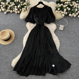 Vintage Elegant sweet puff sleeve split Dress A-line Chic Casual Beach Vacation Women Summer dresses