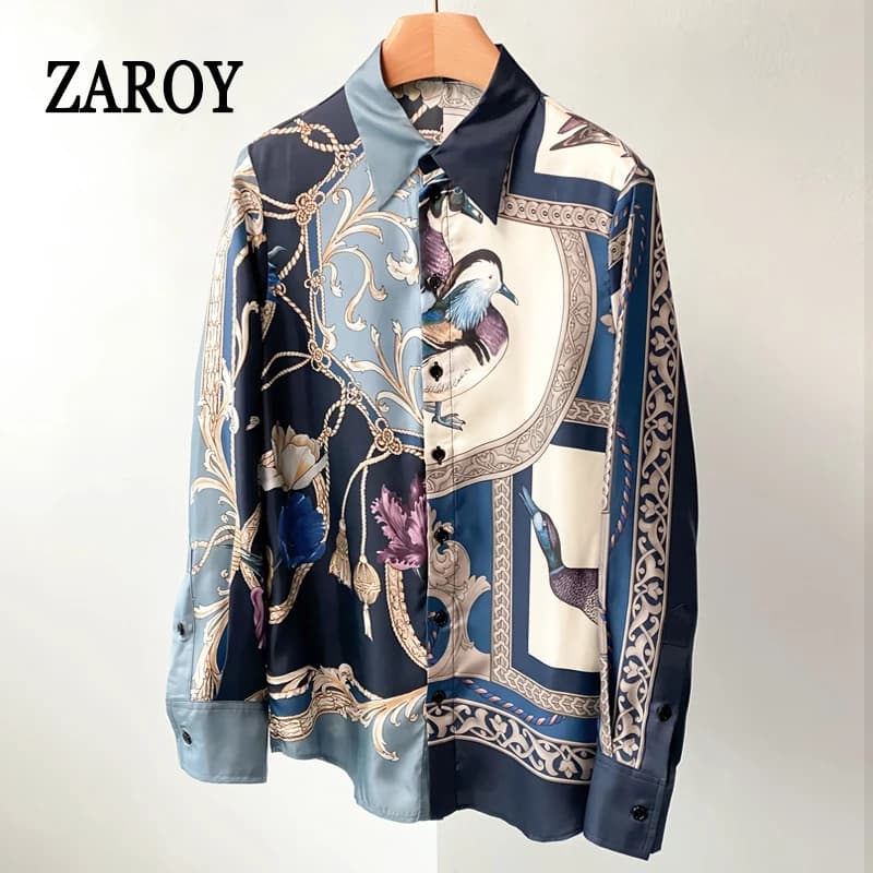 ZAROY Women Vintage Print Baroque Shirts and Blouses Long Sleeve Polo Neck Elegant Blouses Luxury Runway Shirt Blusa Mujer