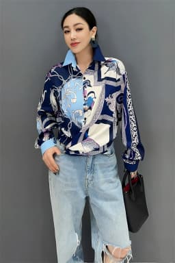ZAROY Women Vintage Print Baroque Shirts and Blouses Long Sleeve Polo Neck Elegant Blouses Luxury Runway Shirt Blusa Mujer