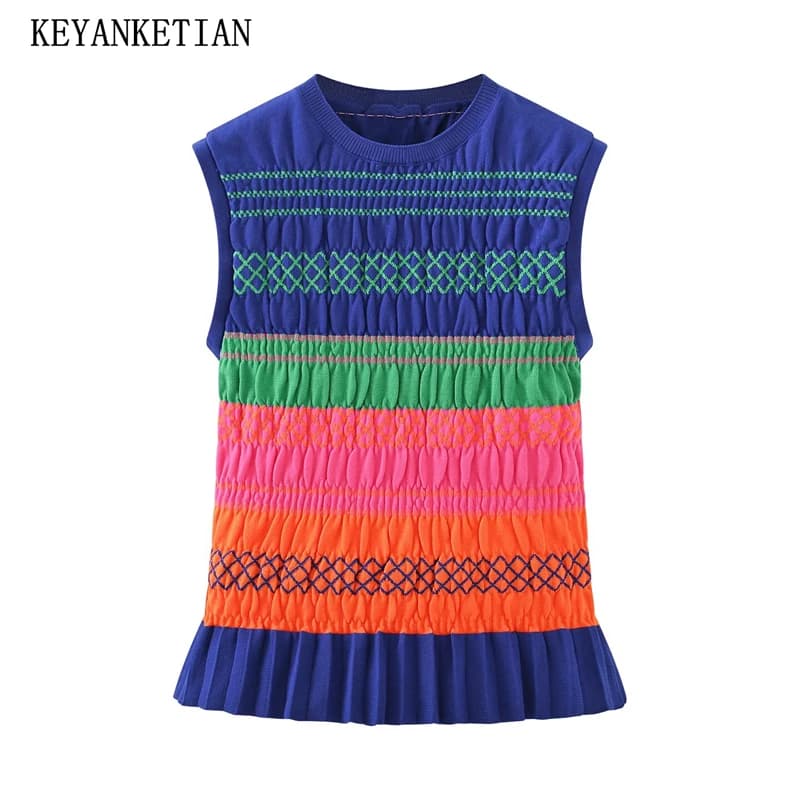 KEYANKETIAN 2025 New Women's Honeycomb Sleeveless Knitted Top Vest Sweet style Tiered O-Neck Sheath Pullover Striped Camisole