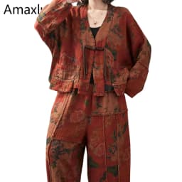 Amax LuluE 2026 Fall Chinese Women Vintage Printed Jacket Suits Casual Two Pieces Sets Classic Coats Loose Pants Fitness Outfits