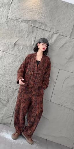 Amax LuluE 2026 Fall Chinese Women Vintage Printed Jacket Suits Casual Two Pieces Sets Classic Coats Loose Pants Fitness Outfits