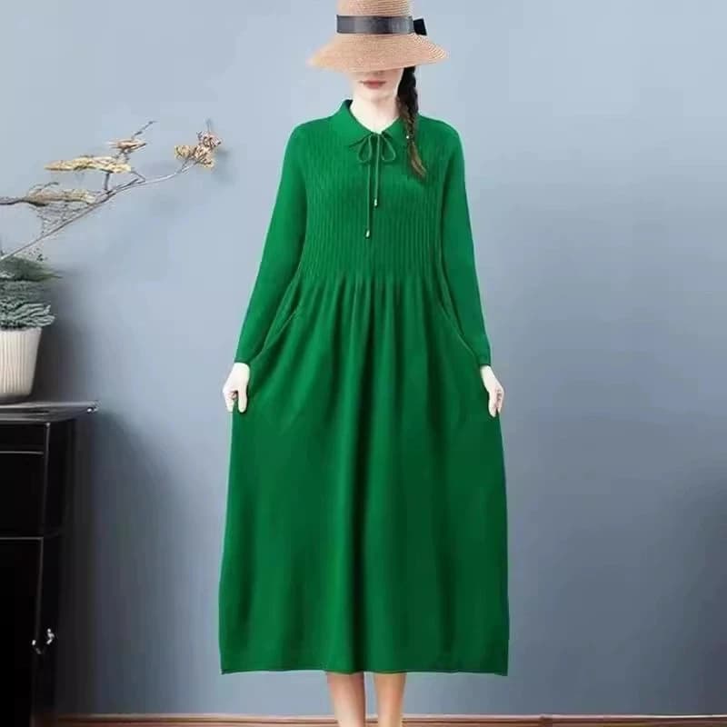 2026 Autumn Winter Women's Sweater Dress New Solid Color Doll Neck Long Sleeve Loose Knitted Sweater Bottom Long Dress Vestidos
