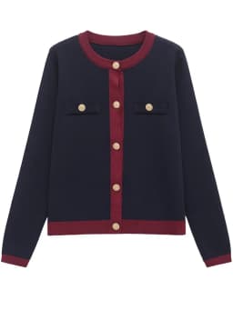 Fashion Contrast Elegant Cardigan Coat For Women Pocket Patchwork Ribbed Knitwear Sweater Top Female Loose Knit Cardigan