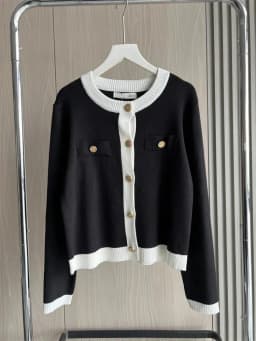 Fashion Contrast Elegant Cardigan Coat For Women Pocket Patchwork Ribbed Knitwear Sweater Top Female Loose Knit Cardigan