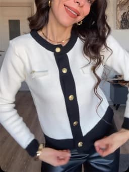 Fashion Contrast Elegant Cardigan Coat For Women Pocket Patchwork Ribbed Knitwear Sweater Top Female Loose Knit Cardigan