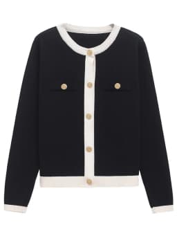 Fashion Contrast Elegant Cardigan Coat For Women Pocket Patchwork Ribbed Knitwear Sweater Top Female Loose Knit Cardigan