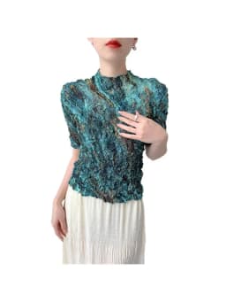 Miyake Pleated Tie Dye Printed T-shirt Fashionable Semi High Neck Temperament Top 2025 Summer New High Stretch Shirt