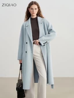 ZIQIAO 2025 Winter Women's Petite Navy Blue Double-Faced Wool Blend Coat with Raglan Sleeve Short Tweed Overcoat for Petite Size