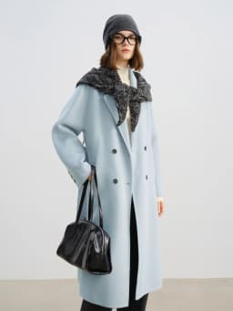 ZIQIAO 2025 Winter Women's Petite Navy Blue Double-Faced Wool Blend Coat with Raglan Sleeve Short Tweed Overcoat for Petite Size