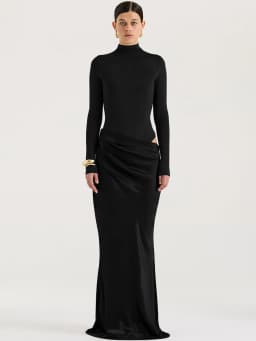JULISSA MO Turtleneck Satin Sexy Hollow Out Zipper Women Maxi Dress Black Patchwork Long Sleeve Slim Elegant Party Evening Dress