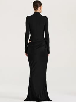 JULISSA MO Turtleneck Satin Sexy Hollow Out Zipper Women Maxi Dress Black Patchwork Long Sleeve Slim Elegant Party Evening Dress