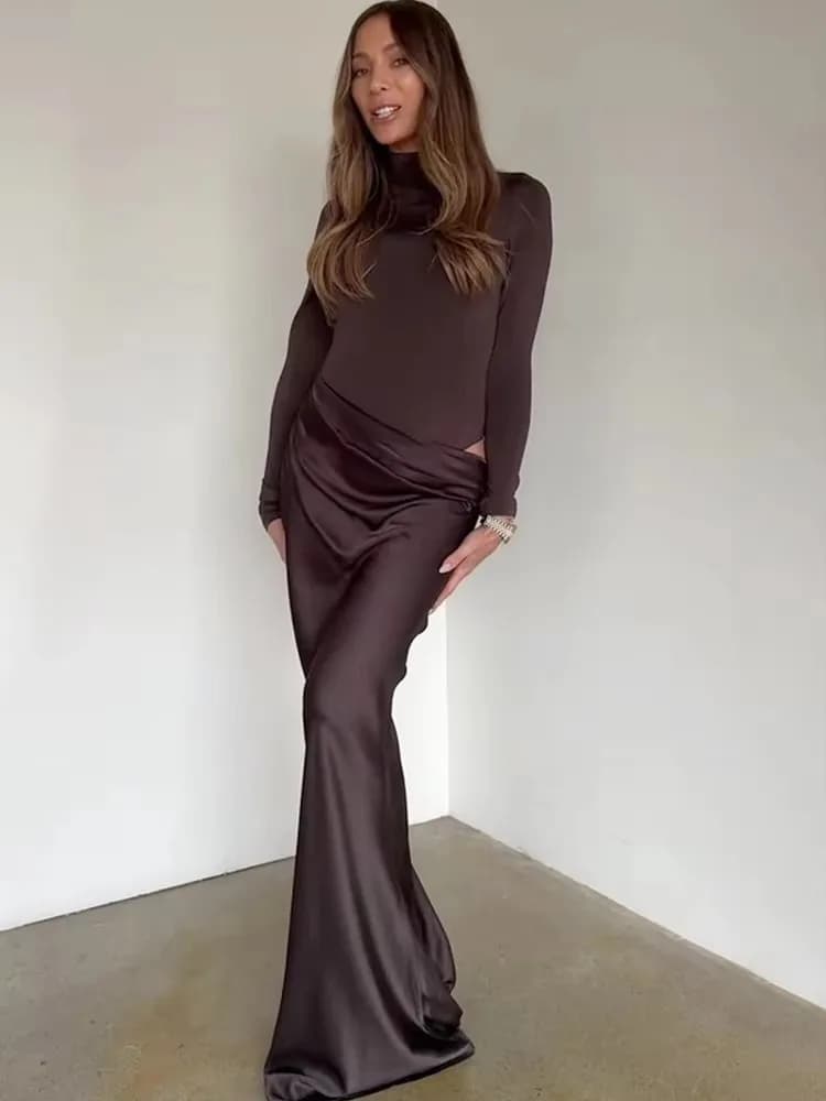 JULISSA MO Turtleneck Satin Sexy Hollow Out Zipper Women Maxi Dress Black Patchwork Long Sleeve Slim Elegant Party Evening Dress
