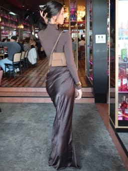 JULISSA MO Turtleneck Satin Sexy Hollow Out Zipper Women Maxi Dress Black Patchwork Long Sleeve Slim Elegant Party Evening Dress